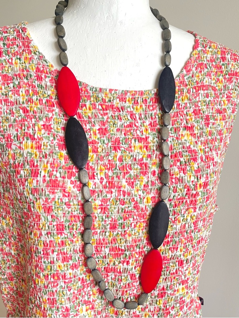 Hand Painted Wooden Bead Necklace,  Pink Red Cream 19”